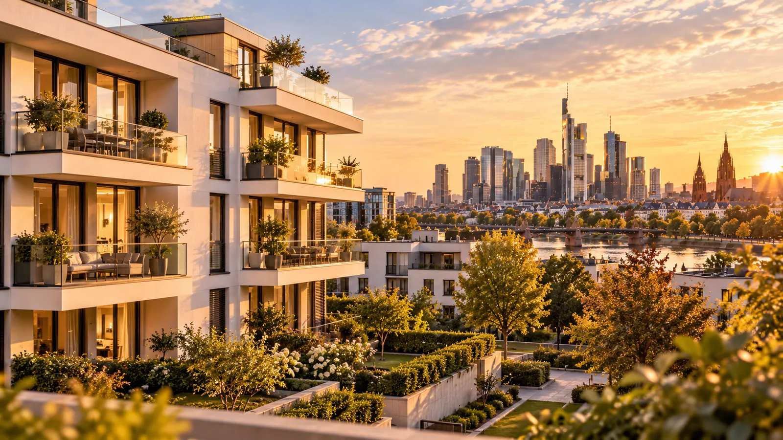 Symbolbild: Wohngebäude und Skyline am Frankfurter Mainufer