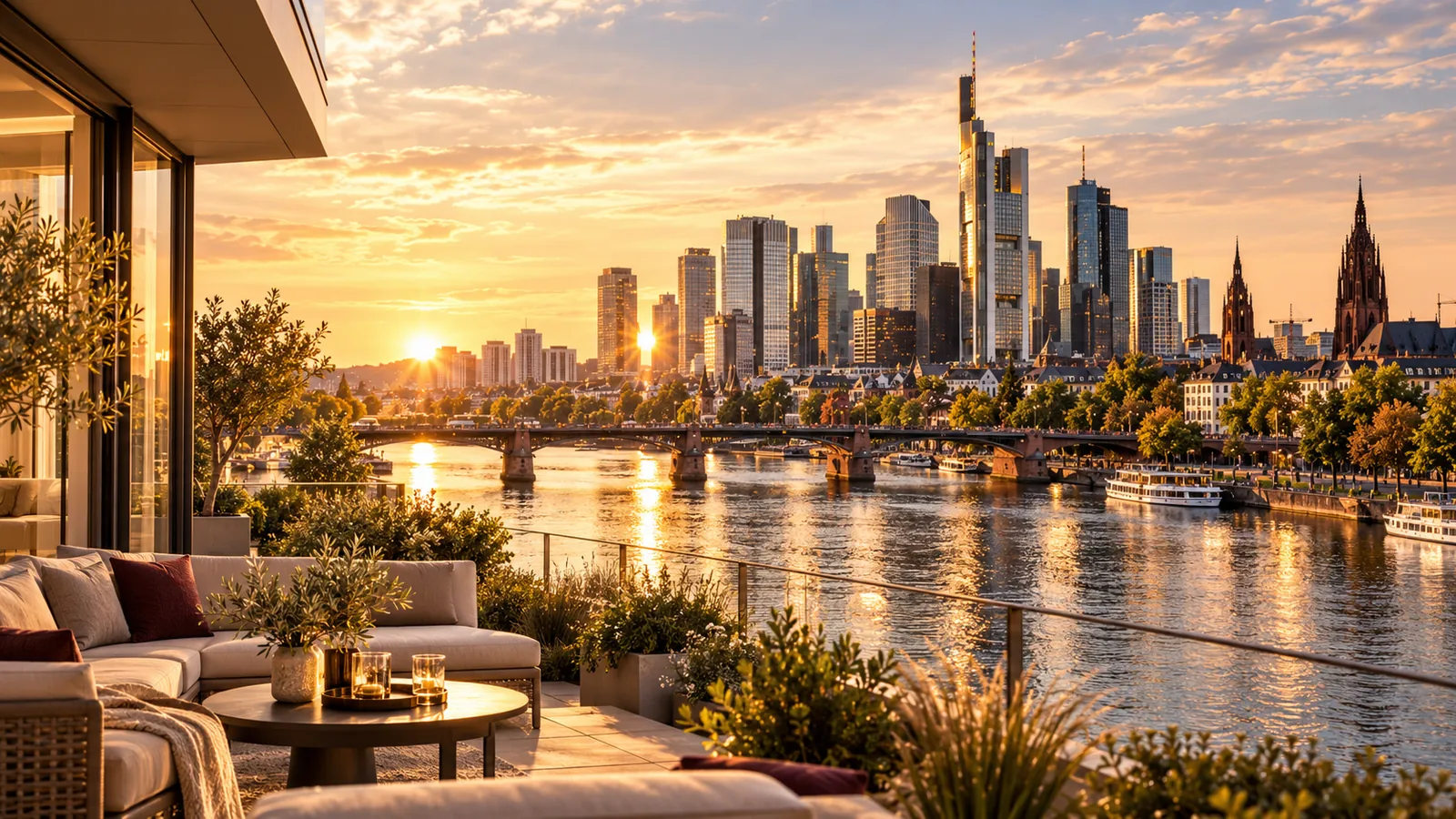 Illustratives Panorama der Frankfurter Innenstadt am Main im warmen Abendlicht