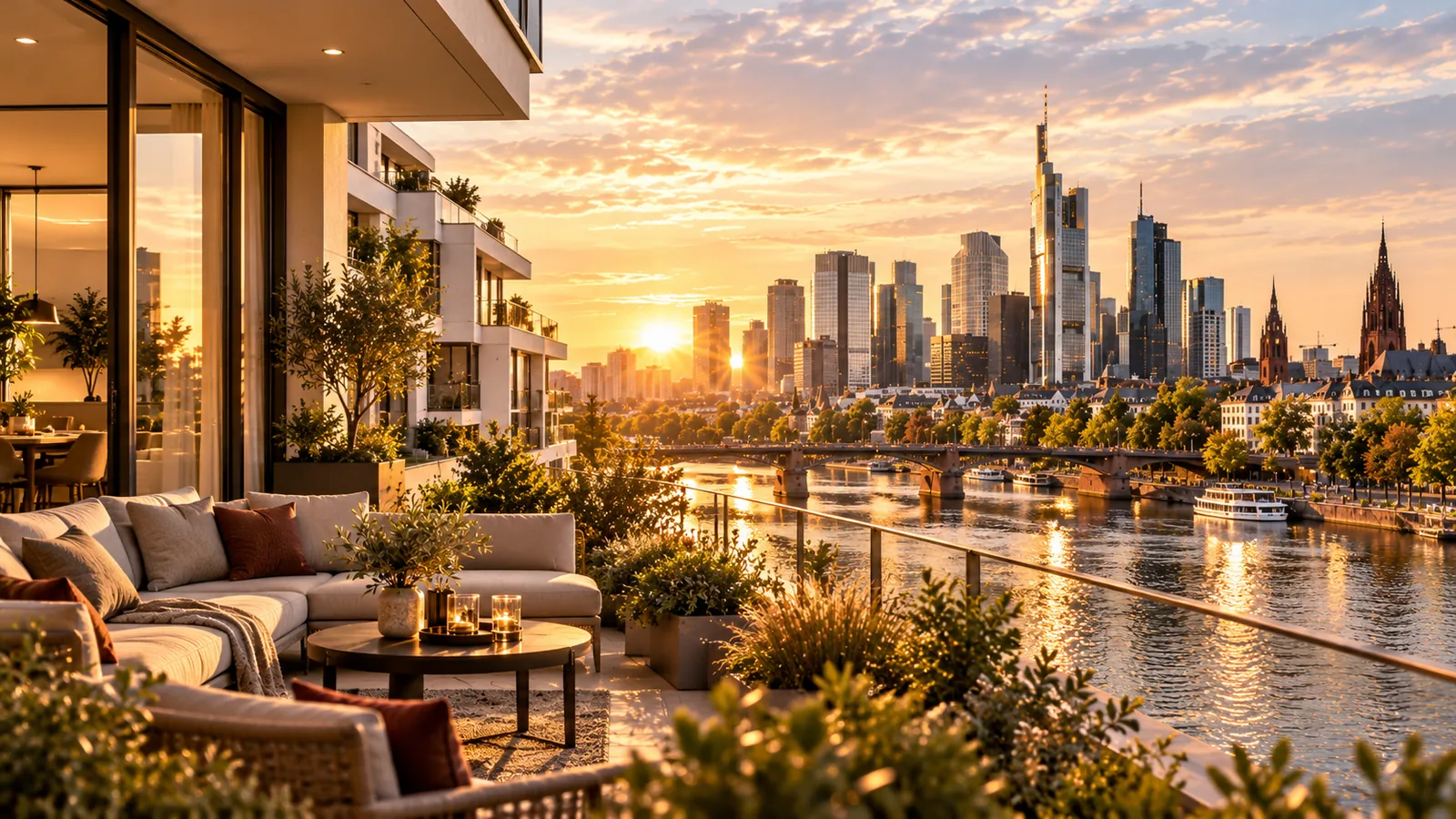 Symbolbild: Balkon einer modernen Wohnung mit Frankfurt-Panorama