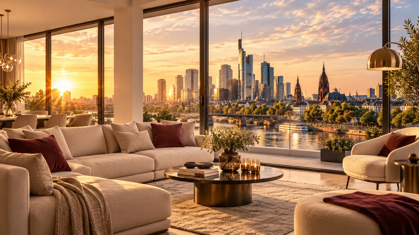 Symbolbild: helles Wohnzimmer mit weitem Blick auf die Frankfurter Skyline
